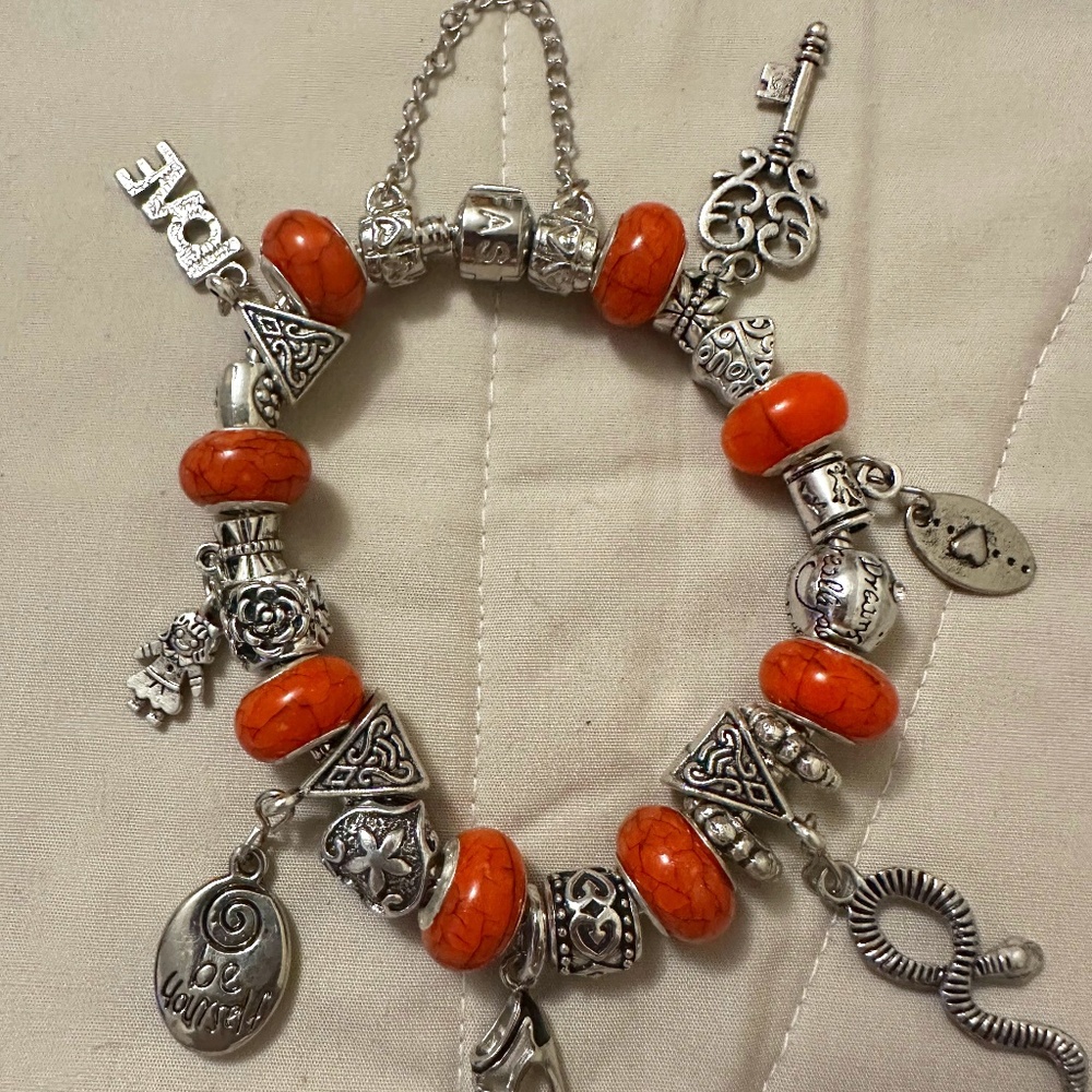 Handmade – NWOT – 925 SS plated charm bracelet. Orange beads. Relationship Charm